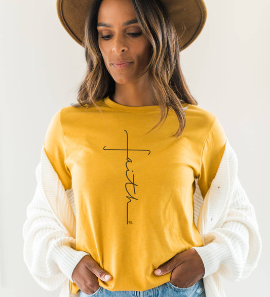 Never Lose Hope Designs - Faith Cross Christian Heather Mustard T-Shirt