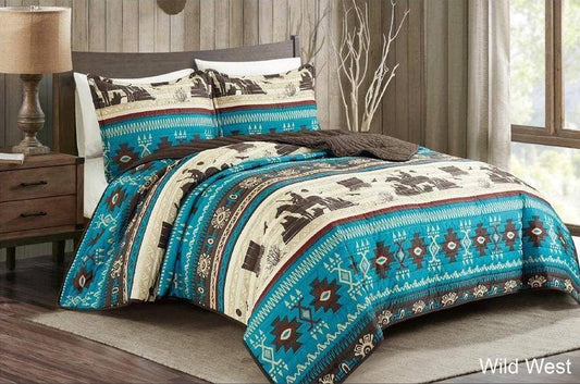 Linen Mart - Wild Western Turquoise Aztec Quilt Set - 3 Piece Set