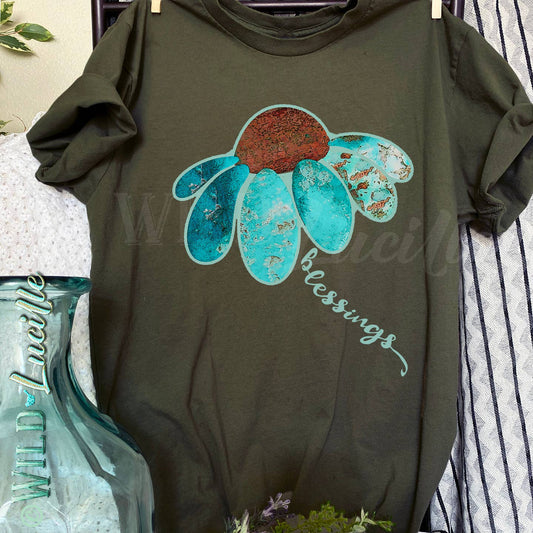 Wild Lucille Apparel - Turquoise Sunflower Blessings - Graphic Print Crew Tees