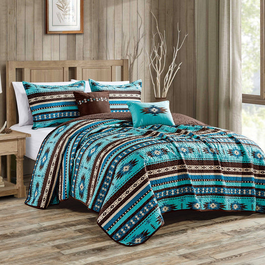 Linen Mart - Southwestern Turquoise Tan Aztec Coverlet - 5 Piece Set