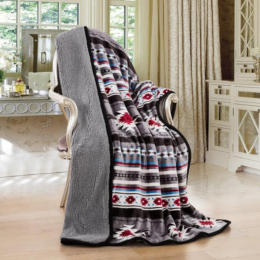 Linen Mart - Southwestern Aztec Sherpa Borrego Fleece Throw Blanket