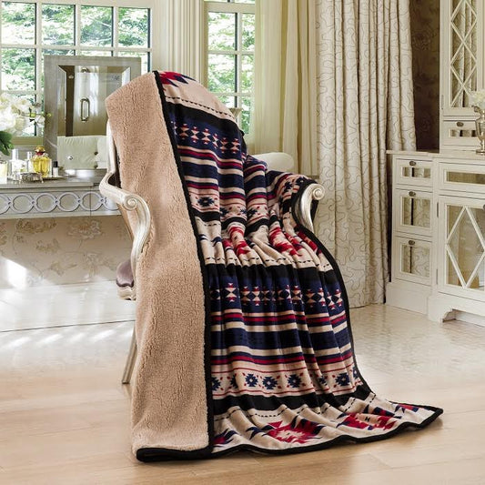 Linen Mart - Southwestern Aztec Sherpa Borrego Fleece Throw Blanket