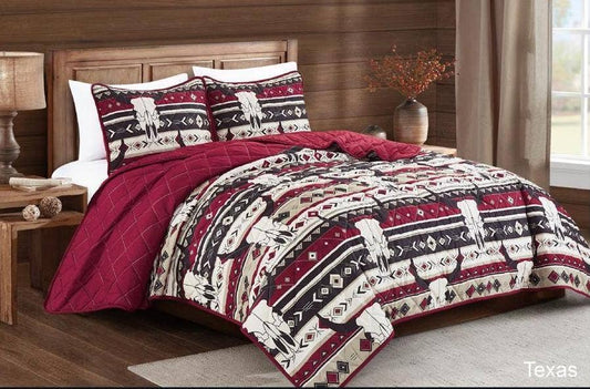 Linen Mart - Southwestern Burgundy Texas Style Aztec Quilt Set - 3 Piece Set