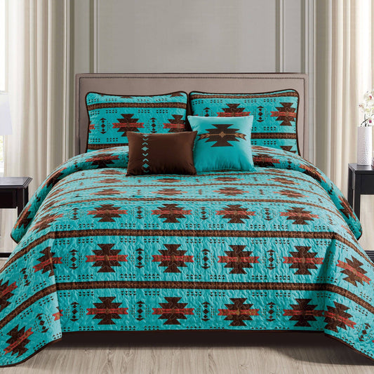 Linen Mart - Rustic Southwestern Turquoise Aztec Quilt Coverlet - 5 Piece Set