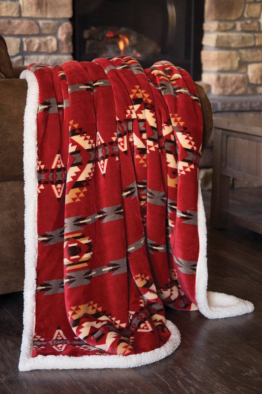 Linen Mart - Southwestern Aztec Red Plush Fur Sherpa Borrego Fleece Throw Blanket