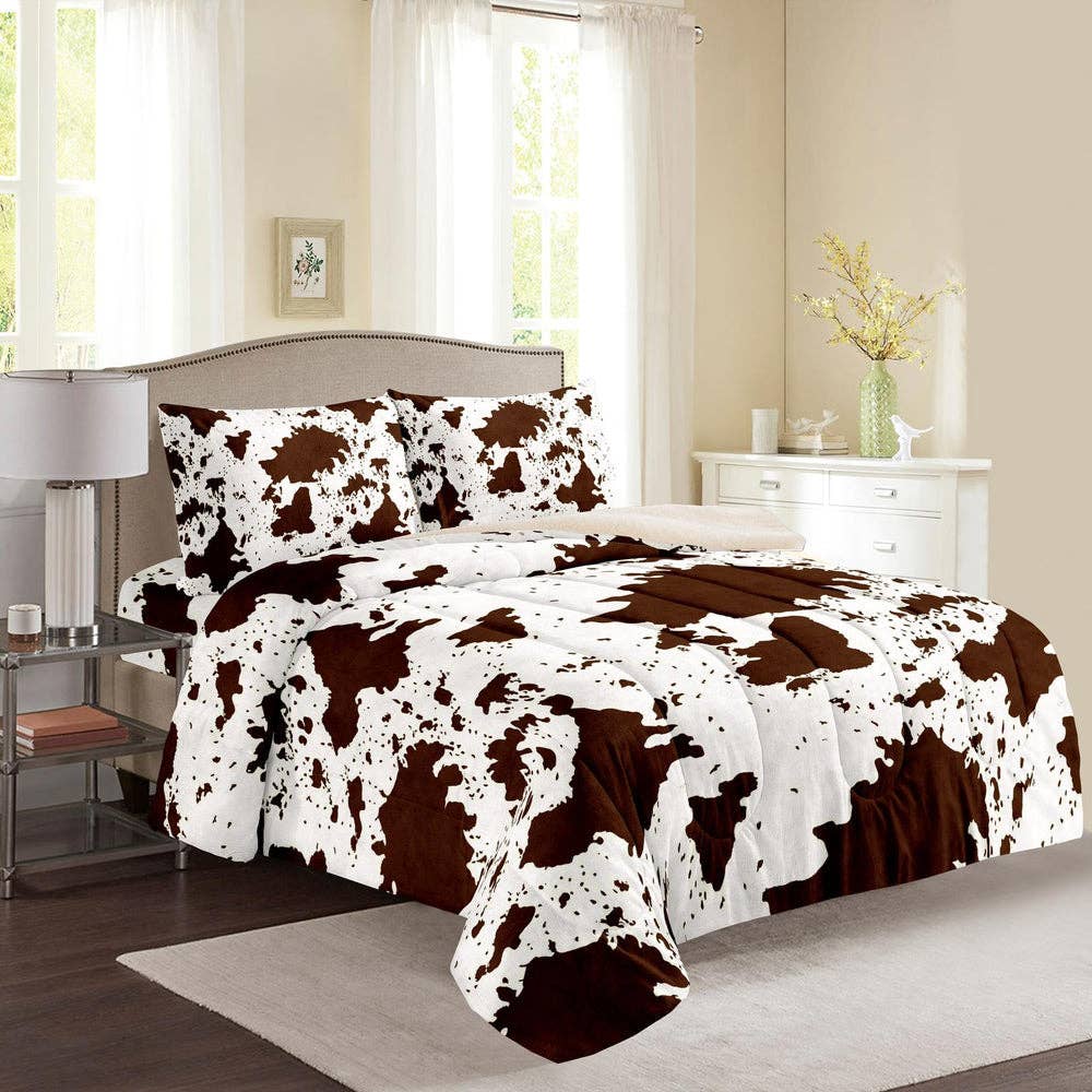 Linen Mart - Rustic Cowhide Sherpa Plush Sherpa Fleece Blanket- 3 Piece Set