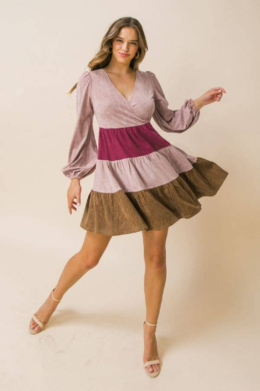 FLYING TOMATO - A faux suede color blocked mini dress -ID19106