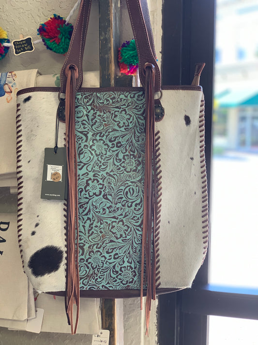 Myra tooled leather and cowhide tote